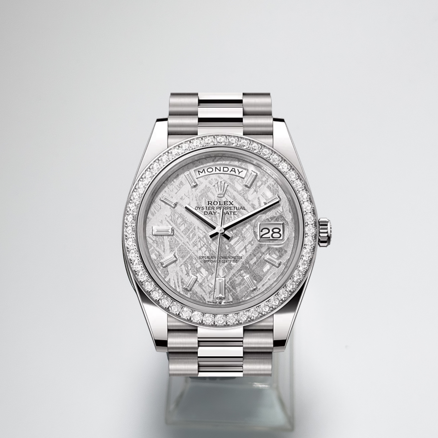 ROLEX DAY-DATE 40 - BAGUETTE DIAMONDS - METEORITE DIAL - DIAMOND BEZEL