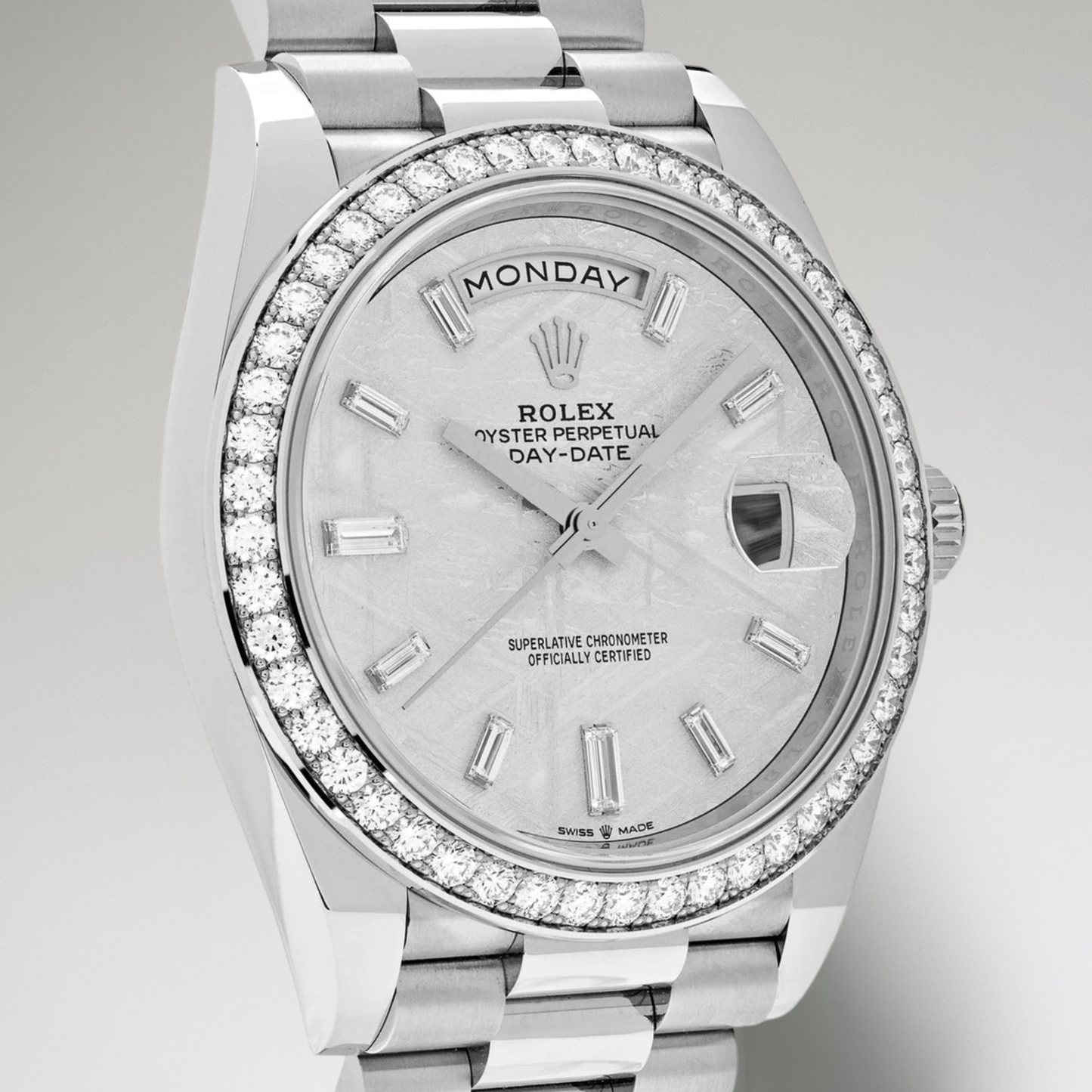 ROLEX DAY-DATE 40 - BAGUETTE DIAMONDS - METEORITE DIAL - DIAMOND BEZEL