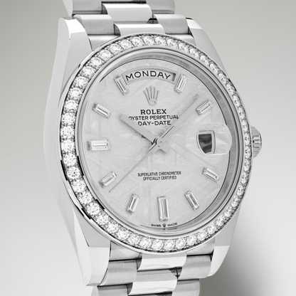 ROLEX DAY-DATE 40 - BAGUETTE DIAMONDS - METEORITE DIAL - DIAMOND BEZEL